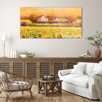 Glas foto Zonnebloemvelden en landhuizen