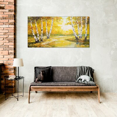 Schilderij op glas Gouden herfst tussen de berken