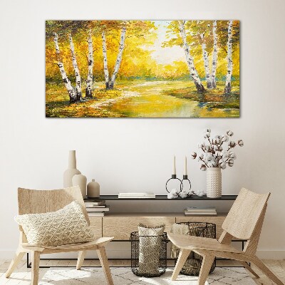 Schilderij op glas Gouden herfst tussen de berken