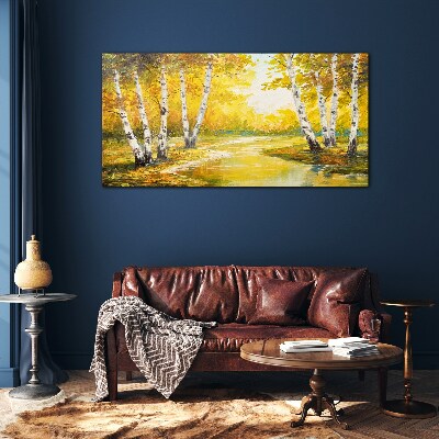 Schilderij op glas Gouden herfst tussen de berken