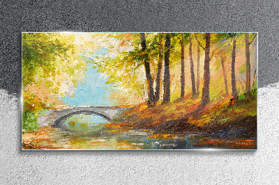 Foto op glas Een brug in het herfstbos