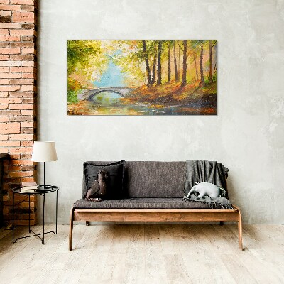 Foto op glas Een brug in het herfstbos