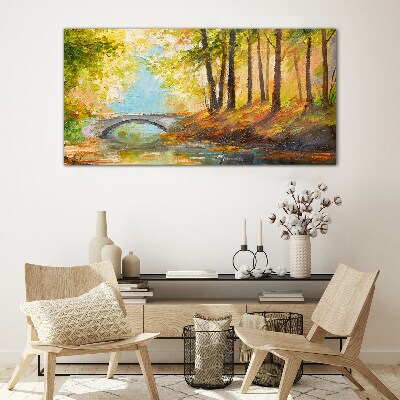 Foto op glas Een brug in het herfstbos