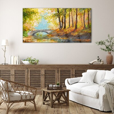 Foto op glas Een brug in het herfstbos