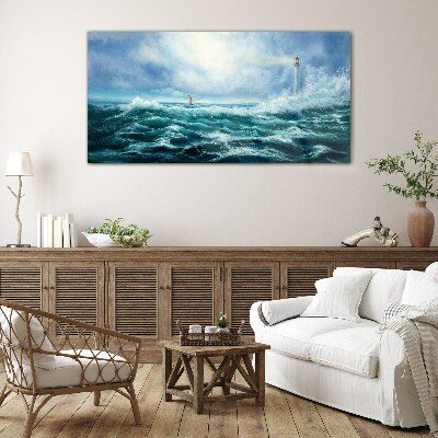 Glas foto Stormachtige zee met vuurtoren