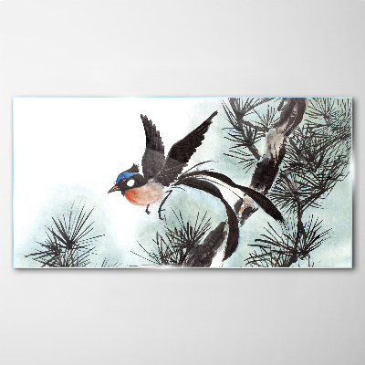 Foto op glas Een vogel in vlucht over de dennen