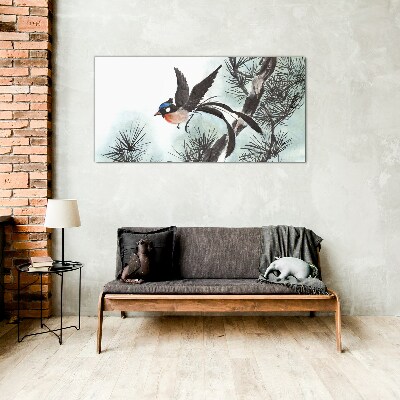 Foto op glas Een vogel in vlucht over de dennen