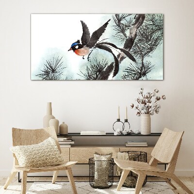 Foto op glas Een vogel in vlucht over de dennen