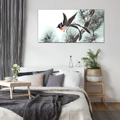 Foto op glas Een vogel in vlucht over de dennen