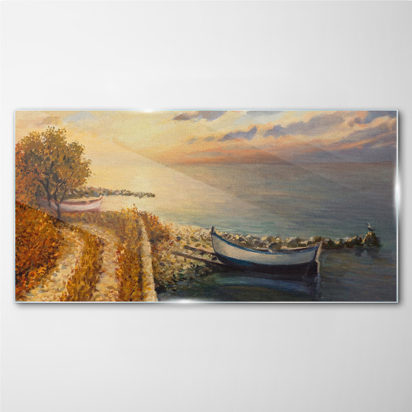 Schilderij op glas Een rustige haven in de ondergaande zon