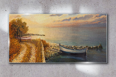 Schilderij op glas Een rustige haven in de ondergaande zon