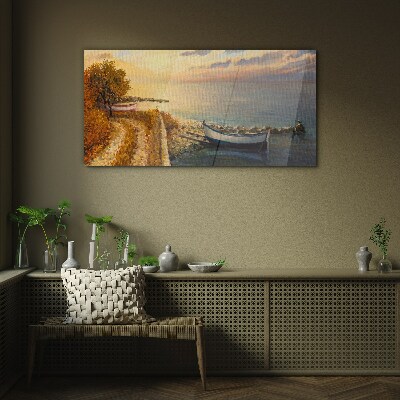 Schilderij op glas Een rustige haven in de ondergaande zon