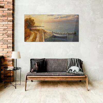 Schilderij op glas Een rustige haven in de ondergaande zon