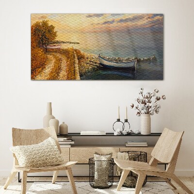 Schilderij op glas Een rustige haven in de ondergaande zon