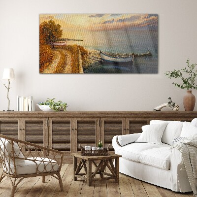 Schilderij op glas Een rustige haven in de ondergaande zon