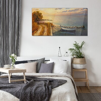 Schilderij op glas Een rustige haven in de ondergaande zon