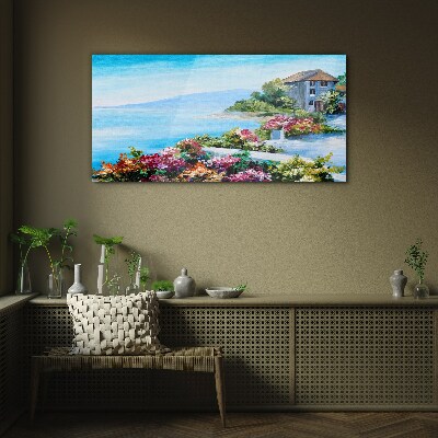 Foto op glas Zeegezicht met bloemen