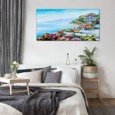 Foto op glas Zeegezicht met bloemen