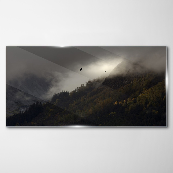 Foto op glas Mistig bergpanorama met vogels