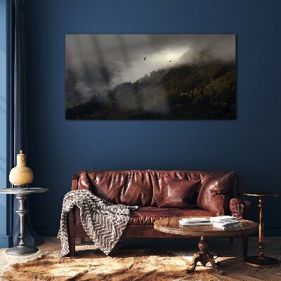 Foto op glas Mistig bergpanorama met vogels