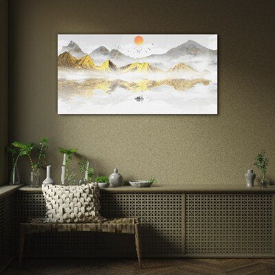 Schilderij op glas Gouden bergen in het ochtendlicht