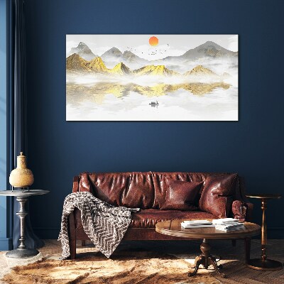 Schilderij op glas Gouden bergen in het ochtendlicht