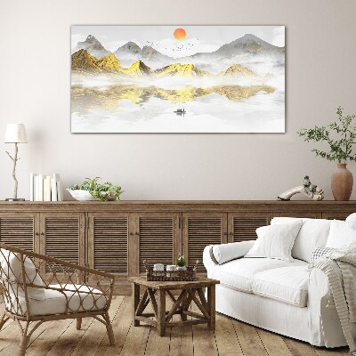 Schilderij op glas Gouden bergen in het ochtendlicht