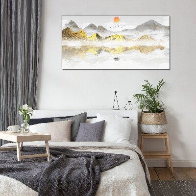 Schilderij op glas Gouden bergen in het ochtendlicht