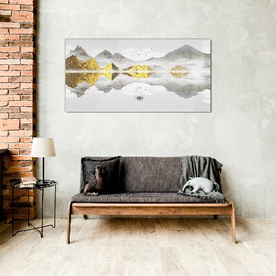 Foto op glas Gouden bergen in mystieke weerspiegeling