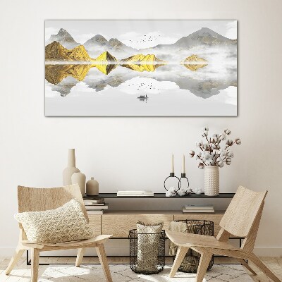 Foto op glas Gouden bergen in mystieke weerspiegeling