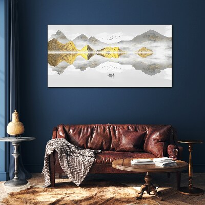 Foto op glas Gouden bergen in mystieke weerspiegeling