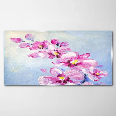 Foto op glas Roze orchideeën op een blauwe achtergrond