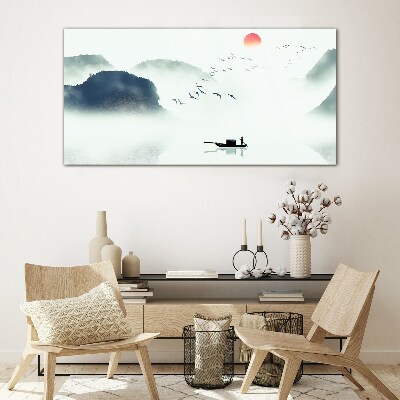 Foto op glas Een rustige ochtend aan het meer