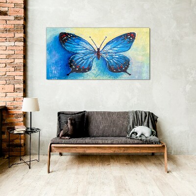 Glas foto Blauwe vlinder op een abstracte achtergrond
