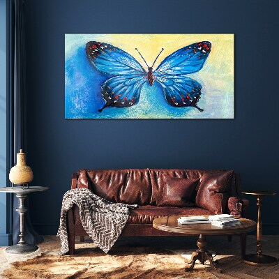 Glas foto Blauwe vlinder op een abstracte achtergrond