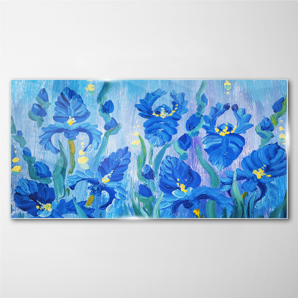 Schilderij op glas Blauwe irissen tegen een blauwe achtergrond