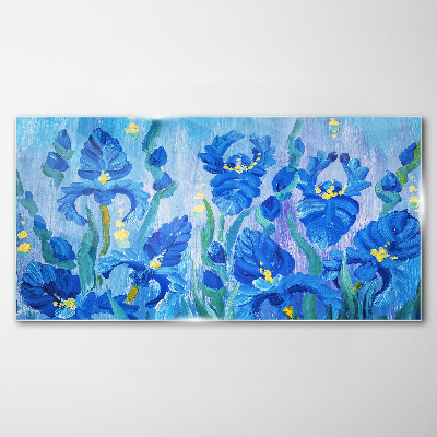 Schilderij op glas Blauwe irissen tegen een blauwe achtergrond
