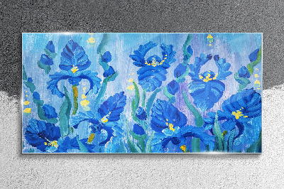 Schilderij op glas Blauwe irissen tegen een blauwe achtergrond