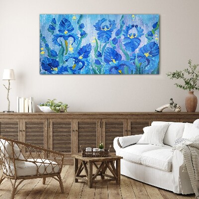 Schilderij op glas Blauwe irissen tegen een blauwe achtergrond