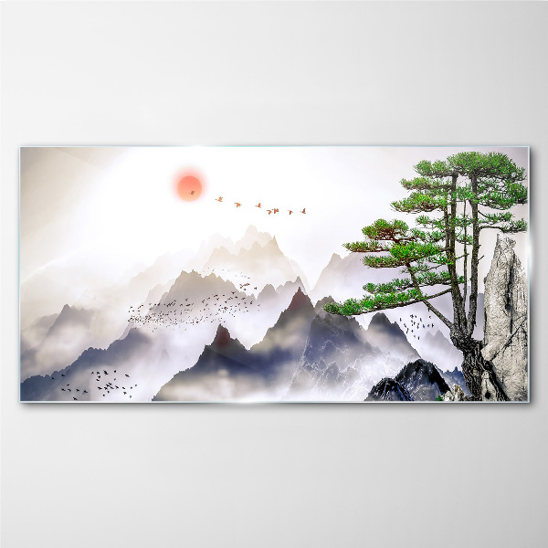 Glas foto Bergen en vogels in het ochtendlicht