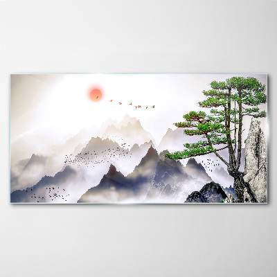 Glas foto Bergen en vogels in het ochtendlicht