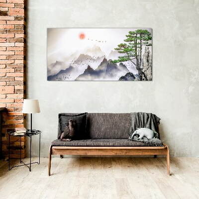 Glas foto Bergen en vogels in het ochtendlicht