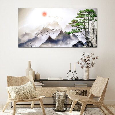 Glas foto Bergen en vogels in het ochtendlicht