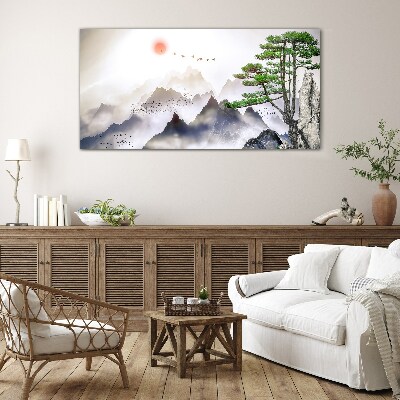 Glas foto Bergen en vogels in het ochtendlicht