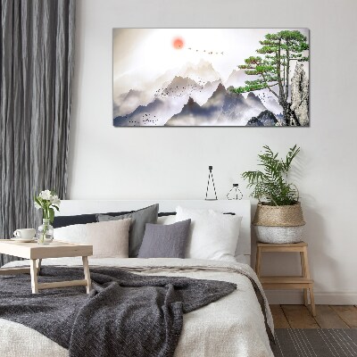 Glas foto Bergen en vogels in het ochtendlicht