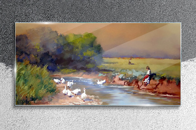 Foto op glas Een vredig landschap met eenden aan de rivier