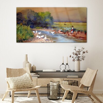 Foto op glas Een vredig landschap met eenden aan de rivier