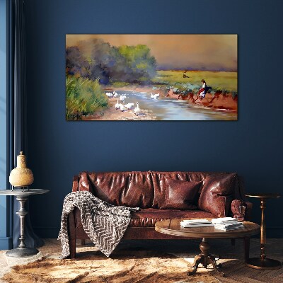 Foto op glas Een vredig landschap met eenden aan de rivier