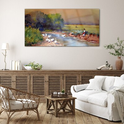 Foto op glas Een vredig landschap met eenden aan de rivier