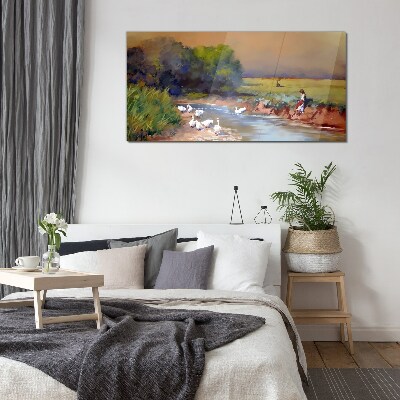 Foto op glas Een vredig landschap met eenden aan de rivier